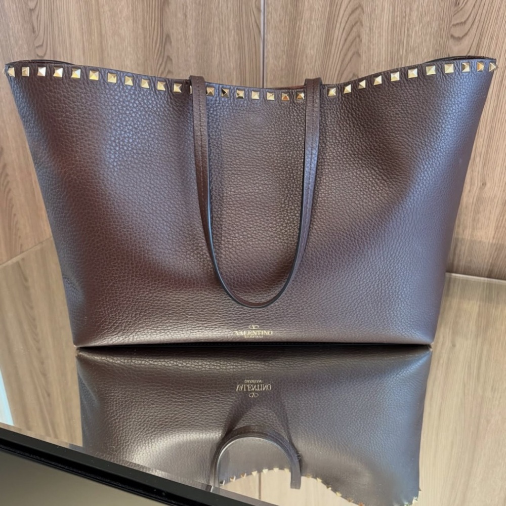 Valentino Brown Rockstud Grainy Calfskin Tote Bag